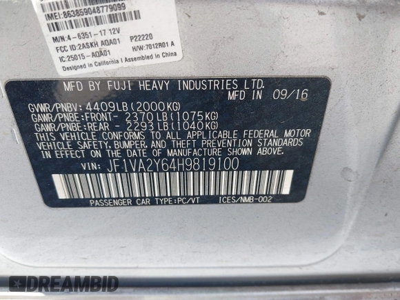 2017 Subaru WRX STI Limited with VIN JF1VA2Y64H9819100, listed as a IAAI auction lot 42294086 with 89,134 mi miles and . Bid and sale history available at DreamBid. Image 9.