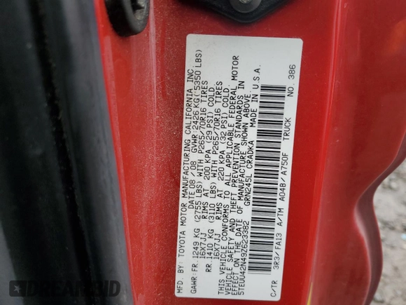 2009 Toyota Tacoma z VIN 5TEUU42N49Z623382, wystawiony jako Copart lot #48614965 z przebiegiem 126 152 mil mil oraz Szkoda całkowita • Salvage title. Historia ofert i sprzedaży dostępna na DreamBid. Obrazek 12.