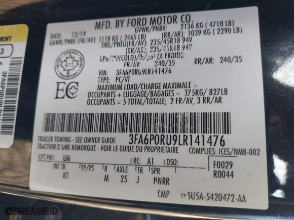 2020 Ford Fusion Hybrid Titanium with VIN 3FA6P0RU9LR141476, listed as a IAAI auction lot 41472921 with 84,433 mi miles. Bid and sale history available at carsss.com. Image 9.