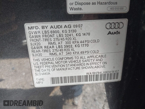 2008 Audi Q7 Premium with VIN WA1BV94LX8D019107, listed as a IAAI auction lot 41654539 with 141,846 mi miles. Bid and sale history available at carsss.com. Image 9.