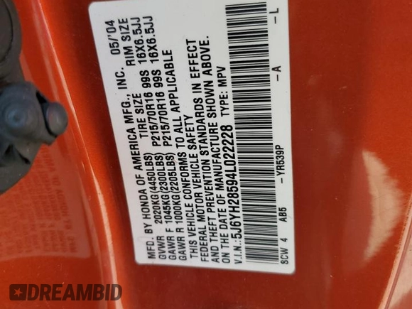 2004 Honda Element EX z VIN 5J6YH28594L022228, wystawiony jako Copart lot #57143675 z przebiegiem Nie podano mil oraz Szkoda całkowita • Salvage title. Historia ofert i sprzedaży dostępna na DreamBid. Obrazek 12.