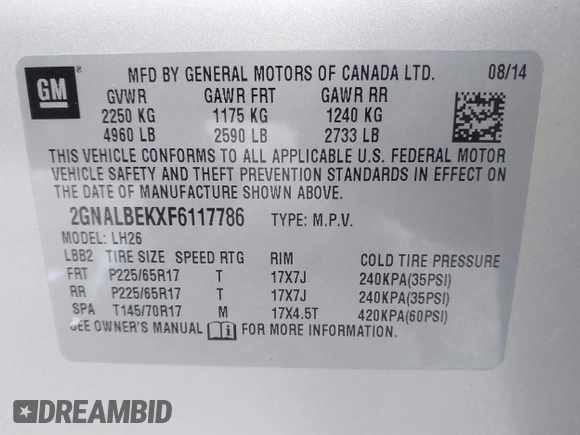 2015 Chevrolet Equinox LT with VIN 2GNALBEKXF6117786, listed as a IAAI auction lot 41173269 with 134,640 mi miles. Bid and sale history available at carsss.com. Image 9.