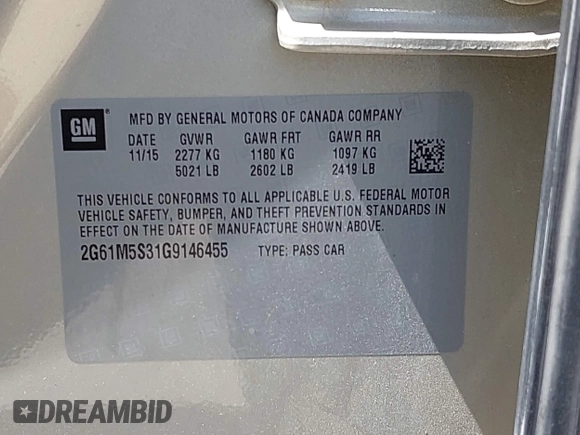 2016 Cadillac XTS Luxury Collection with VIN 2G61M5S31G9146455, listed as a IAAI auction lot 42019234 with 72,019 mi miles. Bid and sale history available at carsss.com. Image 9.