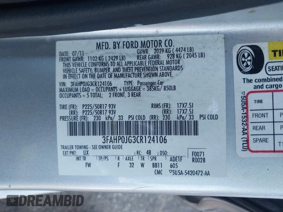 2012 Ford Fusion SEL with VIN 3FAHP0JG3CR124106, listed as a IAAI auction lot 41731000 with 156,515 mi miles. Bid and sale history available at carsss.com. Image 9.