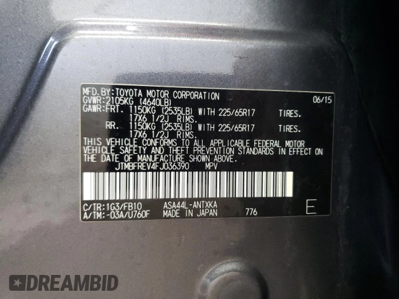2015 Toyota RAV4 LE with VIN JTMBFREV4FJ036390, listed as a Copart auction lot 46738035 with 39,178 mi miles and Salvage Title. Bid and sale history available at DreamBid. Image 12.