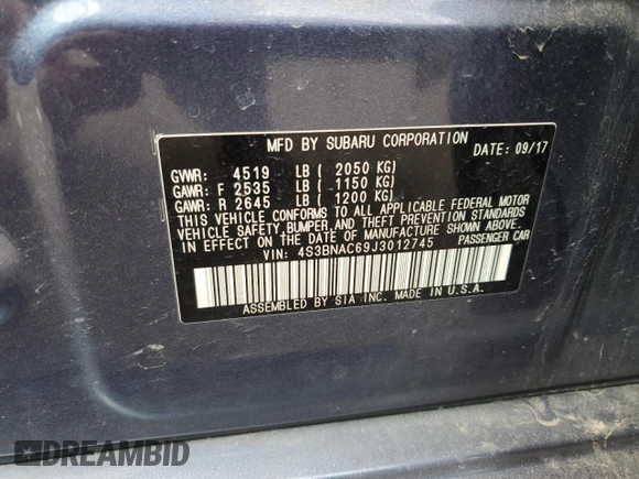 2018 Subaru Legacy Premium with VIN 4S3BNAC69J3012745, listed as a Copart auction lot 49847333 with 141,102 mi miles. Bid and sale history available at carsss.com. Image 12.