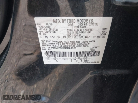 2013 Ford Edge Limited z VIN 2FMDK3K93DBB28323, wystawiony jako IAAI lot #42649871 z przebiegiem 271 848 mil mil oraz . Historia ofert i sprzedaży dostępna na DreamBid. Obrazek 9.