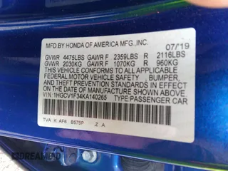 2019 Honda Accord Sedan Sport 1.5T with VIN 1HGCV1F34KA140265, listed as a IAAI auction lot 35917548 with 38,909 mi miles. Bid and sale history available at carsss.com. Image 9.