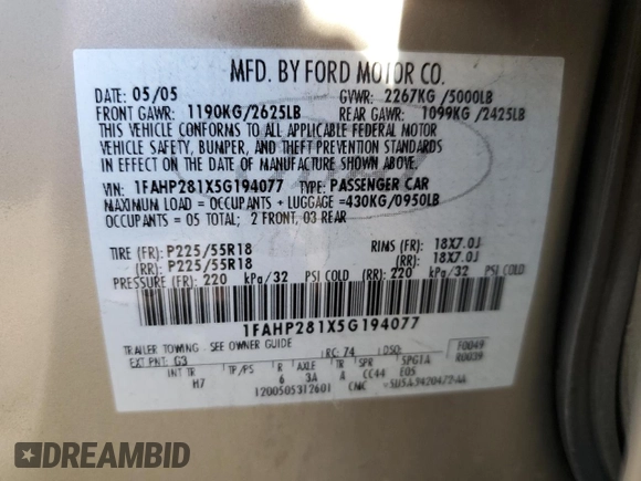 2005 Ford Five Hundred Limited with VIN 1FAHP281X5G194077, listed as a Copart auction lot 79893934 with 164,769 mi miles and Clean Title. Bid and sale history available at carsss.com. Image 12.