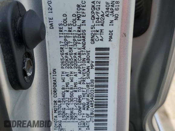 2004 Toyota 4Runner SR5 with VIN JTEBU14R540031838, listed as a Copart auction lot 59268875 with 133,171 mi miles and Clean title. Bid and sale history available at DreamBid. Image 13.
