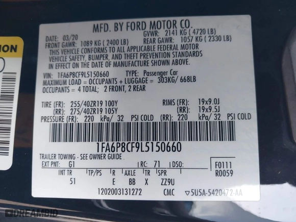 2020 Ford Mustang GT with VIN 1FA6P8CF9L5150660, listed as a IAAI auction lot 41755885 with 39,178 mi miles. Bid and sale history available at carsss.com. Image 9.