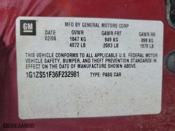 2006 Chevrolet Malibu LS w/1LS with VIN 1G1ZS51F36F232981, listed as a Copart auction lot 86139704 with 163,406 mi miles and Salvage Title. Bid and sale history available at carsss.com. Image 13.
