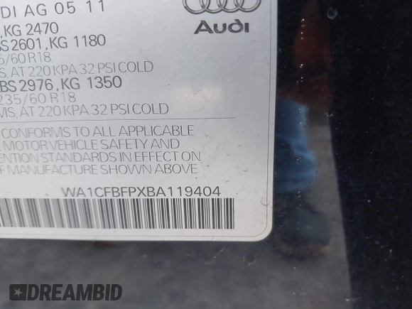 2011 Audi Q5 with VIN WA1CFBFPXBA119404, listed as a IAAI auction lot 41720415 with 161,521 mi miles and . Bid and sale history available at DreamBid. Image 9.