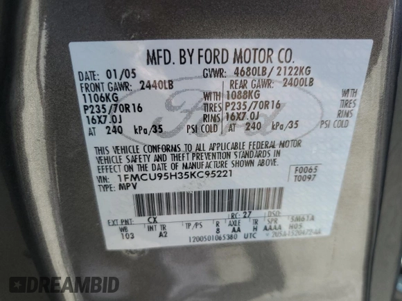 2005 Ford Escape Hybrid with VIN 1FMCU95H35KC95221, listed as a Copart auction lot 67789924 with 169,260 mi miles and Clean title. Bid and sale history available at DreamBid. Image 12.