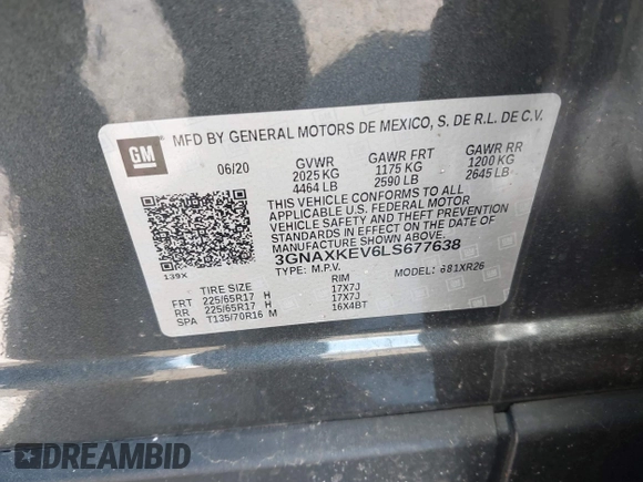 2020 Chevrolet Equinox LT with VIN 3GNAXKEV6LS677638, listed as a IAAI auction lot 41746460 with 81,280 mi miles. Bid and sale history available at carsss.com. Image 9.