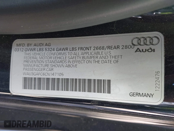 2012 Audi A7 Prestige with VIN WAU3GAFC6CN147105, listed as a IAAI auction lot 42096222 with 60,166 mi miles and . Bid and sale history available at DreamBid. Image 9.