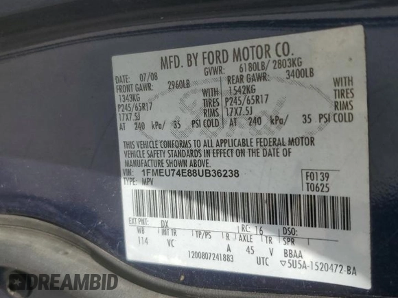 2008 Ford Explorer Eddie Bauer z VIN 1FMEU74E88UB36238, wystawiony jako Copart lot #61727765 z przebiegiem 83 984 mil mil oraz Szkoda całkowita • Salvage title. Historia ofert i sprzedaży dostępna na DreamBid. Obrazek 13.