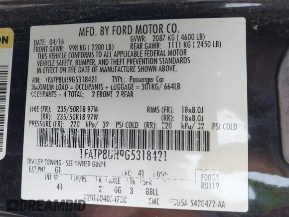 2016 Ford Mustang EcoBoost Premium with VIN 1FATP8UH9G5318421, listed as a IAAI auction lot 42373356 with 47,825 mi miles and . Bid and sale history available at DreamBid. Image 9.