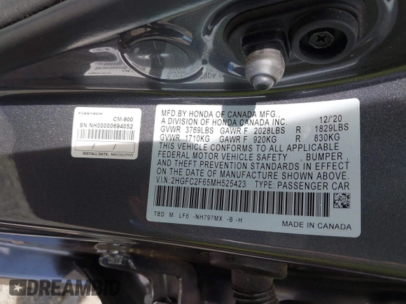 2021 Honda Civic LX with VIN 2HGFC2F65MH525423, listed as a IAAI auction lot 42319862 with 37,248 mi miles and . Bid and sale history available at DreamBid. Image 9.
