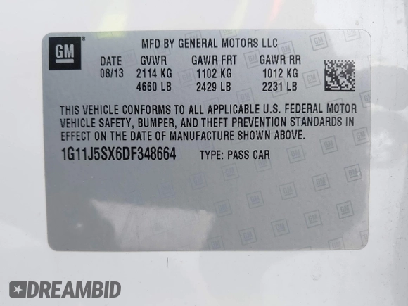 2013 Chevrolet Malibu LTZ with VIN 1G11J5SX6DF348664, listed as a IAAI auction lot 41994207 with 202,008 mi miles and . Bid and sale history available at DreamBid. Image 9.