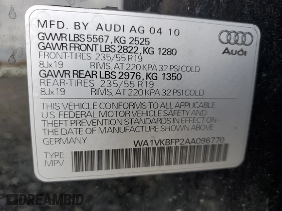2010 Audi Q5 Prestige с VIN WA1VKBFP2AA096770, выставлен на аукционе Copart как лот 81113404 с пробегом 82 961 миль миль и Списание • Salvage title. История ставок и продаж доступна на DreamBid. Изображение 16.