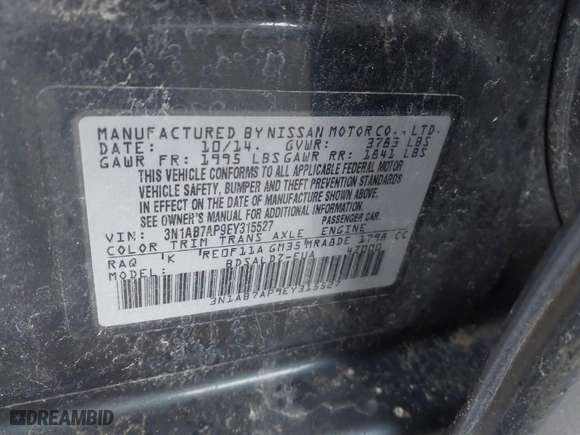 2014 Nissan Sentra SV with VIN 3N1AB7AP9EY315527, listed as a IAAI auction lot 41386467 with 131,162 mi miles. Bid and sale history available at carsss.com. Image 9.