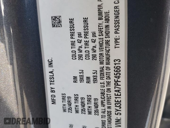 2023 Tesla Model 3 with VIN 5YJ3E1EA7PF456613, listed as a Copart auction lot 56940255 with 35,920 mi miles and Non repairable. Bid and sale history available at DreamBid. Image 12.