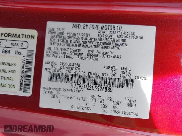 2016 Ford Mustang V6 with VIN 1FATP8EM3G5226880, listed as a IAAI auction lot 42096719 with 83,228 mi miles and . Bid and sale history available at DreamBid. Image 9.