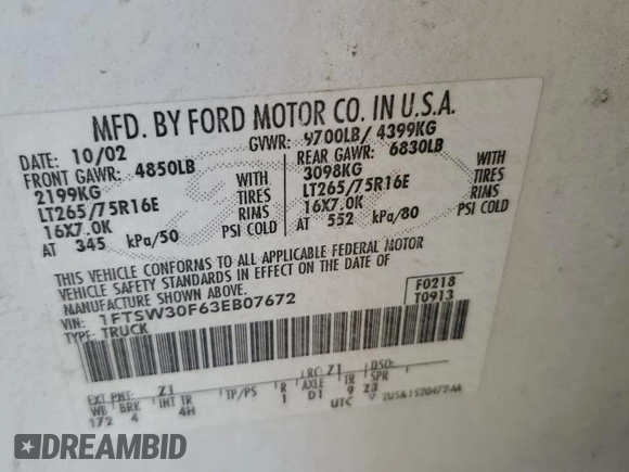 2003 Ford F-350 XL with VIN 1FTSW30F63EB07672, listed as a Copart auction lot 76659184 with 243,580 mi miles and Salvage Title. Bid and sale history available at DreamBid. Image 15.