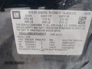 2015 GMC Terrain SLE z VIN 2GKALMEK3F6345377, wystawiony jako IAAI lot #42109041 z przebiegiem 151 033 mil mil oraz . Historia ofert i sprzedaży dostępna na DreamBid. Obrazek 9.