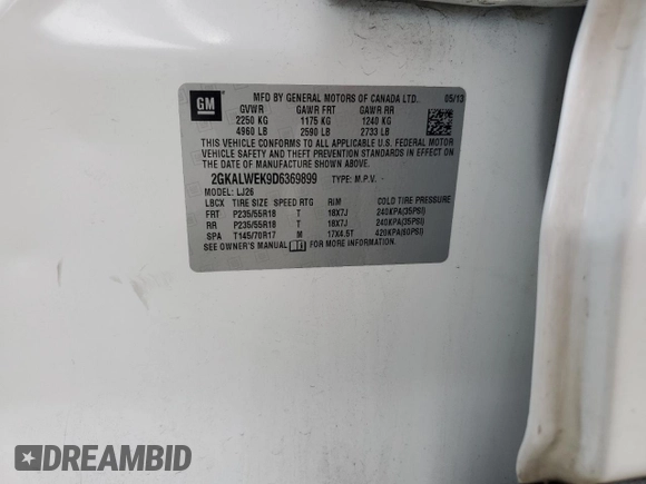 2013 GMC Terrain SLT with VIN 2GKALWEK9D6369899, listed as a Copart auction lot 56770945 with 164,762 mi miles and Salvage title. Bid and sale history available at DreamBid. Image 13.