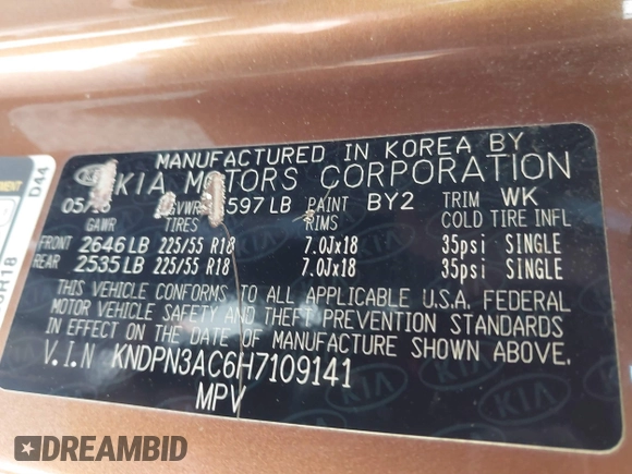 2017 Kia Sportage EX with VIN KNDPN3AC6H7109141, listed as a IAAI auction lot 41848646 with 123,211 mi miles. Bid and sale history available at carsss.com. Image 9.