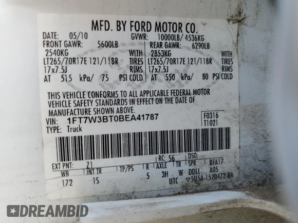 2011 Ford F-350 Platinum with VIN 1FT7W3BT0BEA41787, listed as a Copart auction lot 62954785 with 204,650 mi miles and Clean title. Bid and sale history available at DreamBid. Image 12.