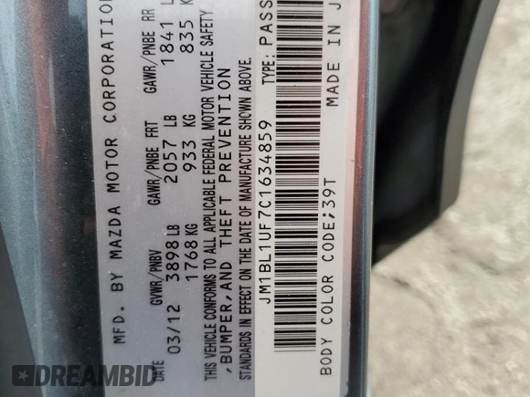 2012 Mazda 3 i Sport with VIN JM1BL1UF7C1634859, listed as a Copart auction lot 77349494 with 126,248 mi miles and Salvage Title. Bid and sale history available at DreamBid. Image 14.