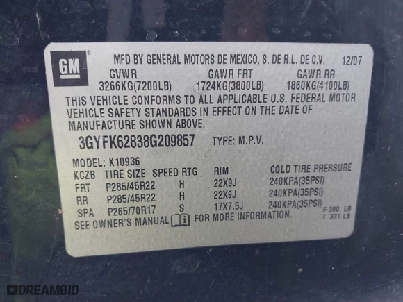 2008 Cadillac Escalade EXT with VIN 3GYFK62838G209857, listed as a IAAI auction lot 41616777 with 189469 miles. Bid and sale history available at carsss.com. Image 9.