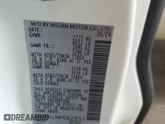 2024 Nissan Frontier S with VIN 1N6ED1CL5RN662952, listed as a Copart auction lot 60480765 with Not provided miles and Clean title. Bid and sale history available at DreamBid. Image 12.