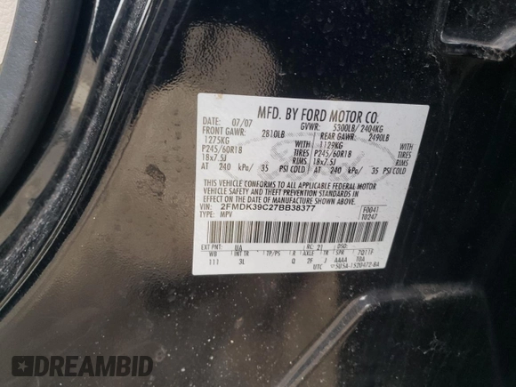 2007 Ford Edge SEL PLUS with VIN 2FMDK39C27BB38377, listed as a Copart auction lot 46267425 with 166,696 mi miles and Salvage Title. Bid and sale history available at carsss.com. Image 14.