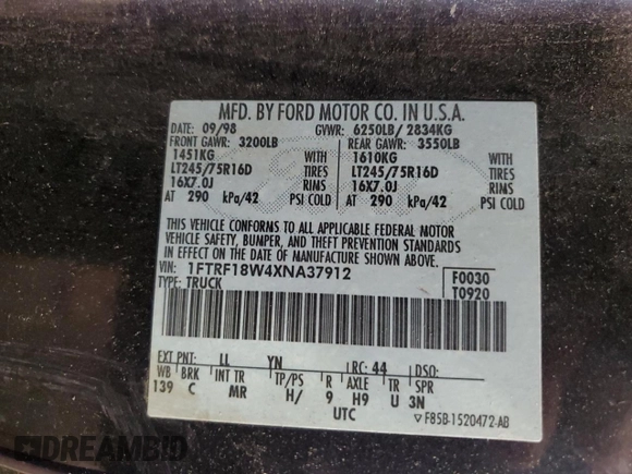 1999 Ford F-150 with VIN 1FTRF18W4XNA37912, listed as a Copart auction lot 76997834 with 92,866 mi miles and Clean title. Bid and sale history available at DreamBid. Image 12.