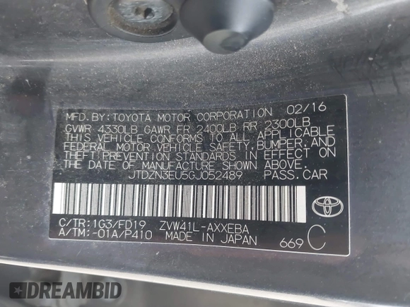2016 Toyota Prius Two with VIN JTDZN3EU5GJ052489, listed as a IAAI auction lot 42153777 with 261,227 mi miles and . Bid and sale history available at DreamBid. Image 9.