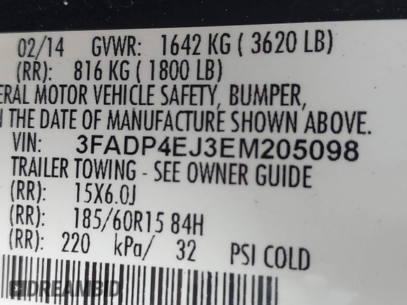2014 Ford Fiesta SE z VIN 3FADP4EJ3EM205098, wystawiony jako IAAI lot #42371316 z przebiegiem 130 420 mil mil oraz . Historia ofert i sprzedaży dostępna na DreamBid. Obrazek 9.