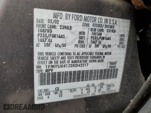 2002 Ford Escape XLT Choice with VIN 1FMYU04152KD42217, listed as a Copart auction lot 78302074 with 234,472 mi miles and Salvage Title. Bid and sale history available at carsss.com. Image 12.