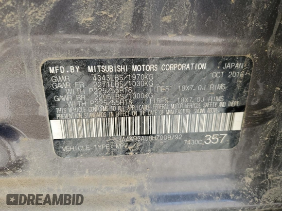 2017 Mitsubishi Outlander ES with VIN JA4AP3AU8HZ009792, listed as a Copart auction lot 48475115 with 123,460 mi miles and Salvage title. Bid and sale history available at DreamBid. Image 14.