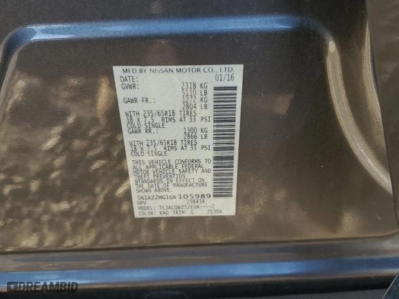 2016 Nissan Murano Platinum with VIN 5N1AZ2MG1GN105989, listed as a Copart auction lot 41381235 with 92,150 mi miles and Salvage Title. Bid and sale history available at carsss.com. Image 15.