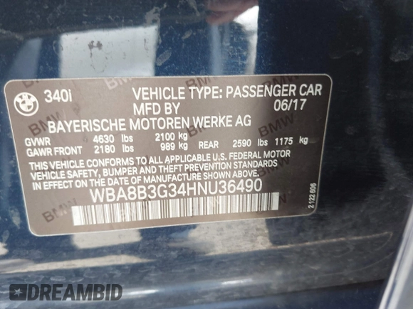 2017 BMW 3 Series 340i with VIN WBA8B3G34HNU36490, listed as a IAAI auction lot 41990840 with Not Provided miles and . Bid and sale history available at carsss.com. Image 9.