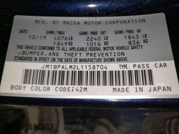 2020 Mazda Mazda3 Hatchback with VIN JM1BPALM2L1158704, listed as a Copart auction lot 46314675 with 79,588 mi miles and Salvage Title. Bid and sale history available at carsss.com. Image 12.