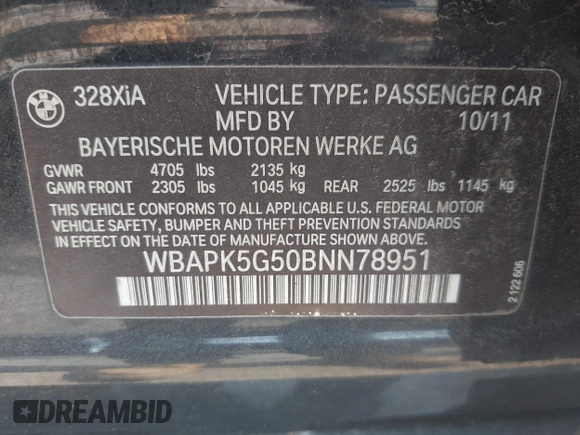 2011 BMW 3 Series 328i xDrive with VIN WBAPK5G50BNN78951, listed as a IAAI auction lot 42444095 with 163,620 mi miles and . Bid and sale history available at DreamBid. Image 9.