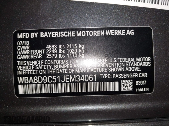 2018 BMW 3 Series 330i xDrive with VIN WBA8D9C51JEM34061, listed as a IAAI auction lot 42682318 with 65,245 mi miles and . Bid and sale history available at DreamBid. Image 9.