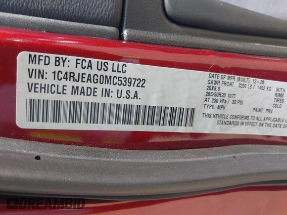 2021 Jeep Grand Cherokee Laredo X with VIN 1C4RJEAG0MC539722, listed as a IAAI auction lot 42059140 with 63,582 mi miles and . Bid and sale history available at DreamBid. Image 9.
