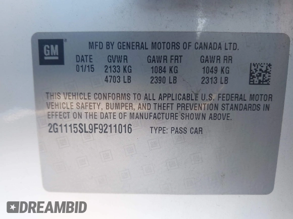 2015 Chevrolet Impala LT with VIN 2G1115SL9F9211016, listed as a IAAI auction lot 42109483 with 215,989 mi miles and . Bid and sale history available at DreamBid. Image 9.