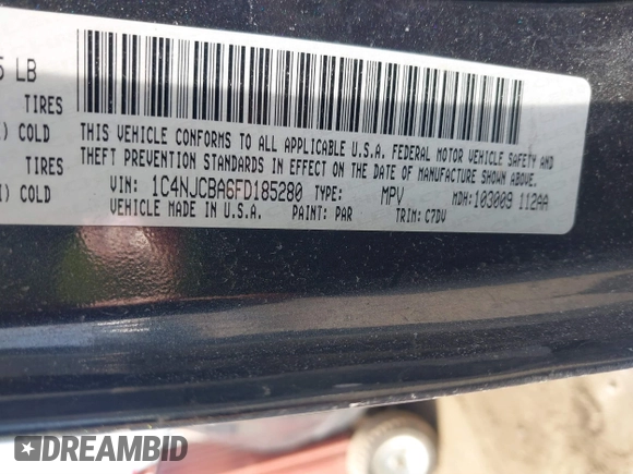 2015 Jeep Compass Sport with VIN 1C4NJCBA6FD185280, listed as a IAAI auction lot 41774462 with 175,082 mi miles. Bid and sale history available at carsss.com. Image 9.